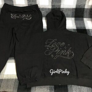 VS PINK CAMPUS SWEATPANTS & FULL ZIP LIMITED EDITION PURE BLACK DIAMANTÉ XS-XXL